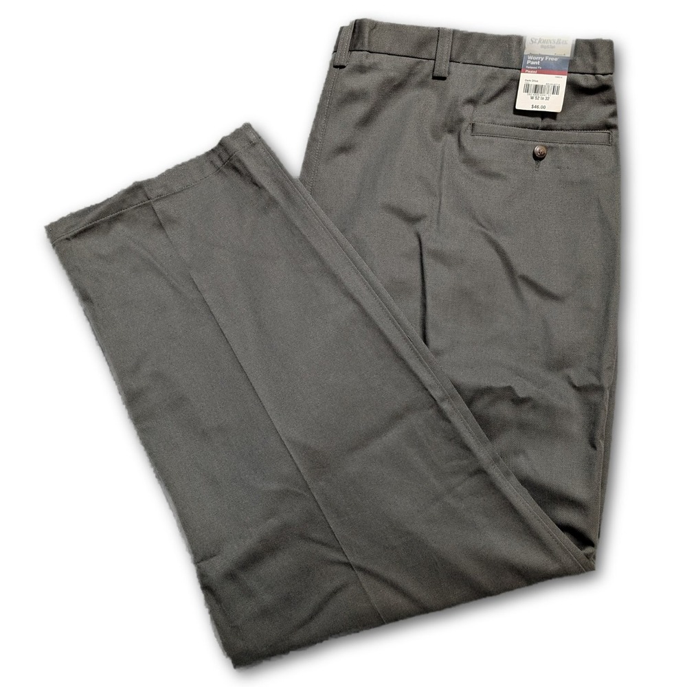 St. Johns Bay Worry Free Mens 52x32 Pants Olive Relaxed Fit Cotton Big & Tall